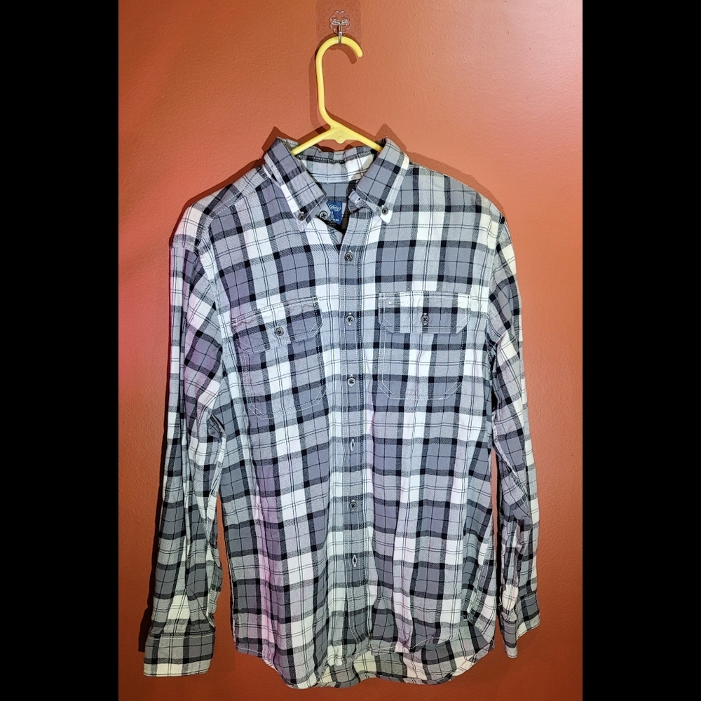 Mens Button Down Cotton Collar Flannel Shirt  Gray/White - Faded Glory